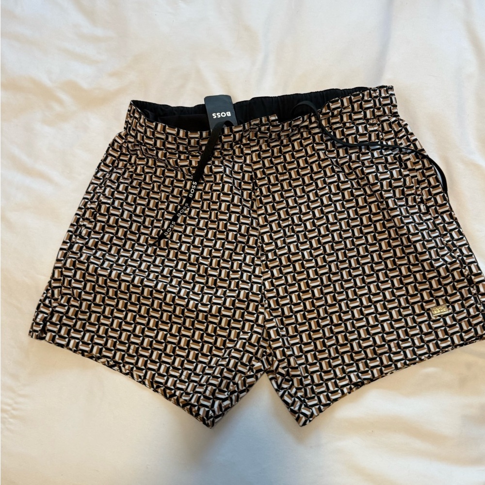Boss Black and Tan Board Shorts with Geometric Design